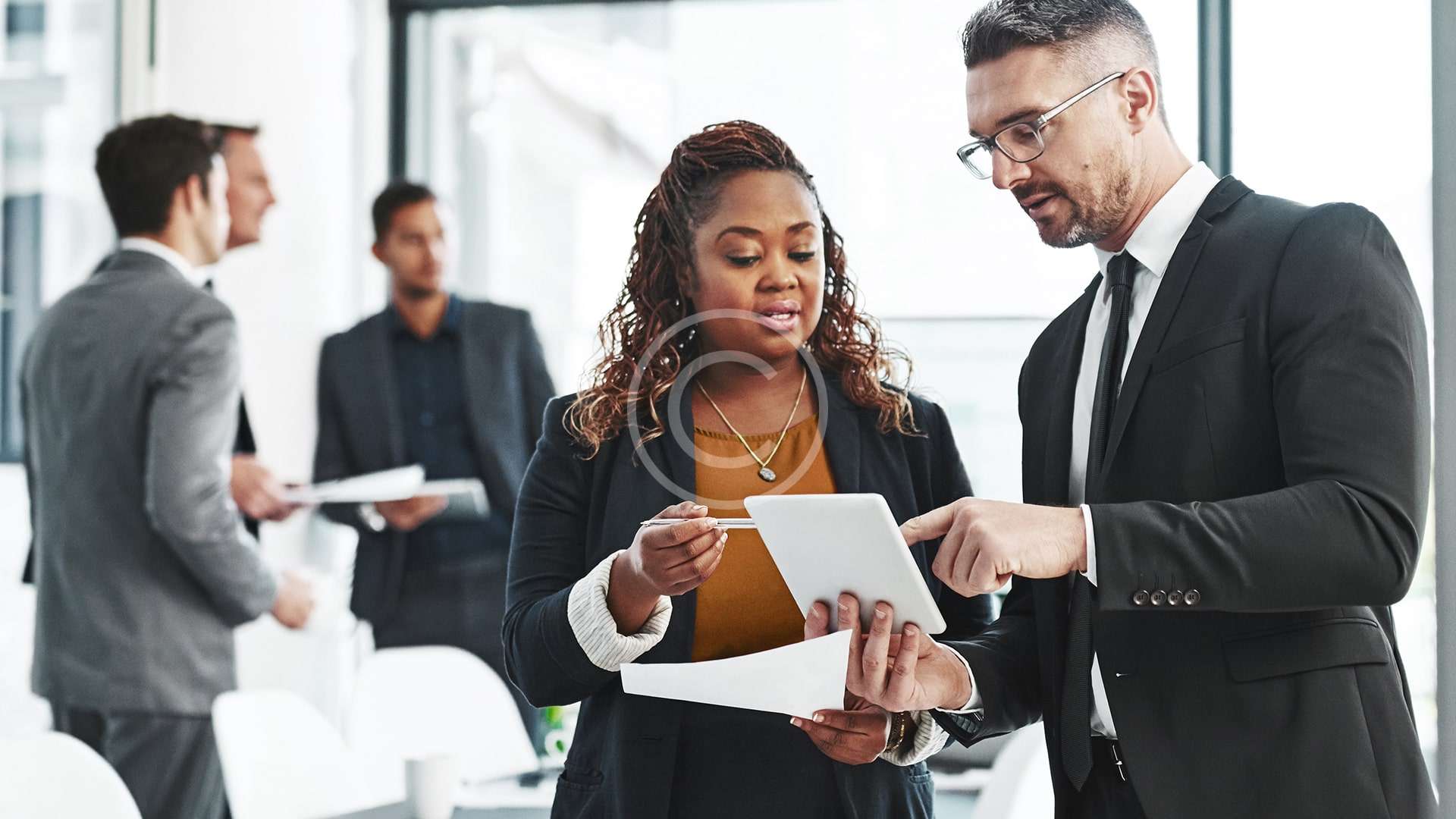 Dos abogados de familia mirando un documento en una oficina.